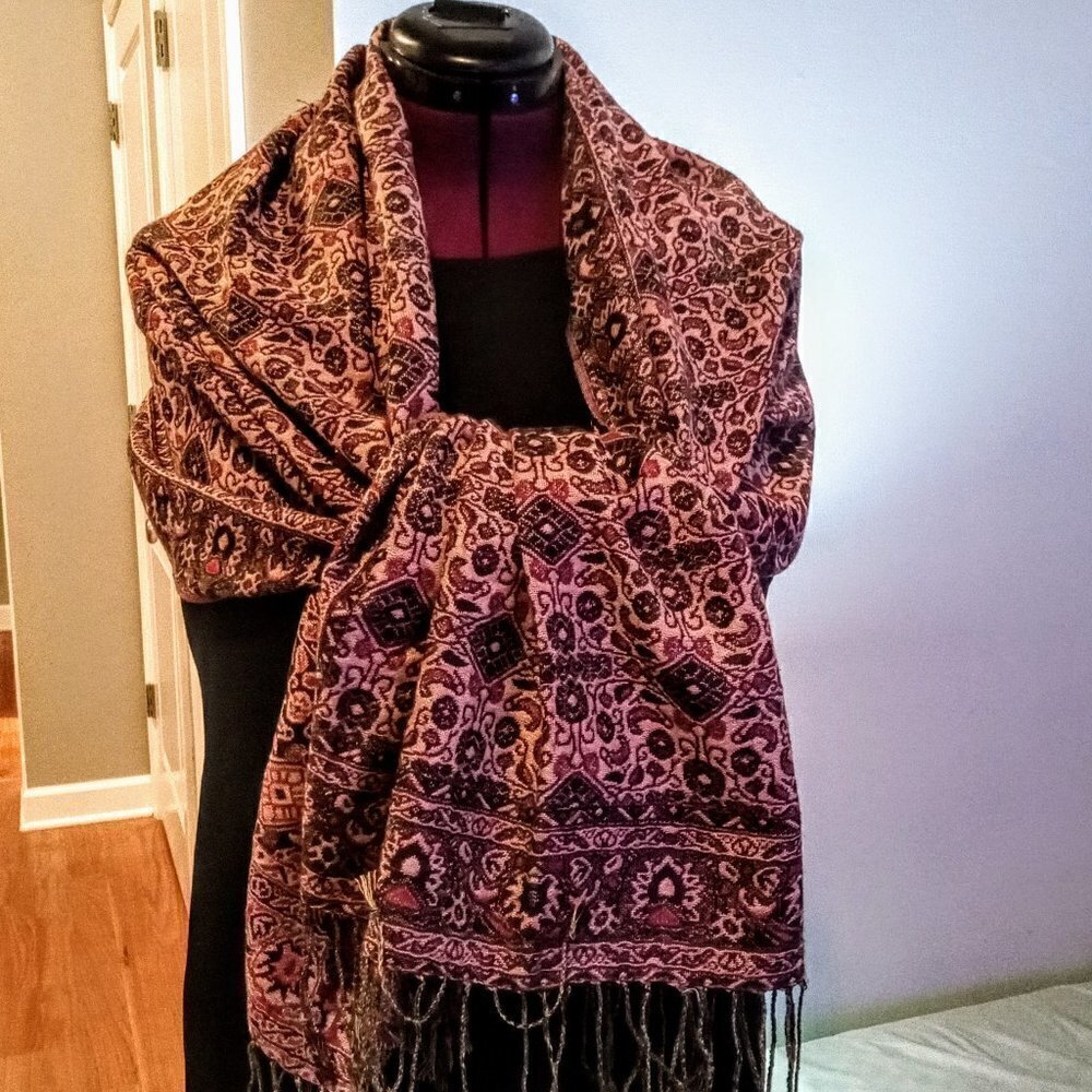 Pashmina Red, Tan, Green & Black Fringed Silk Wrap